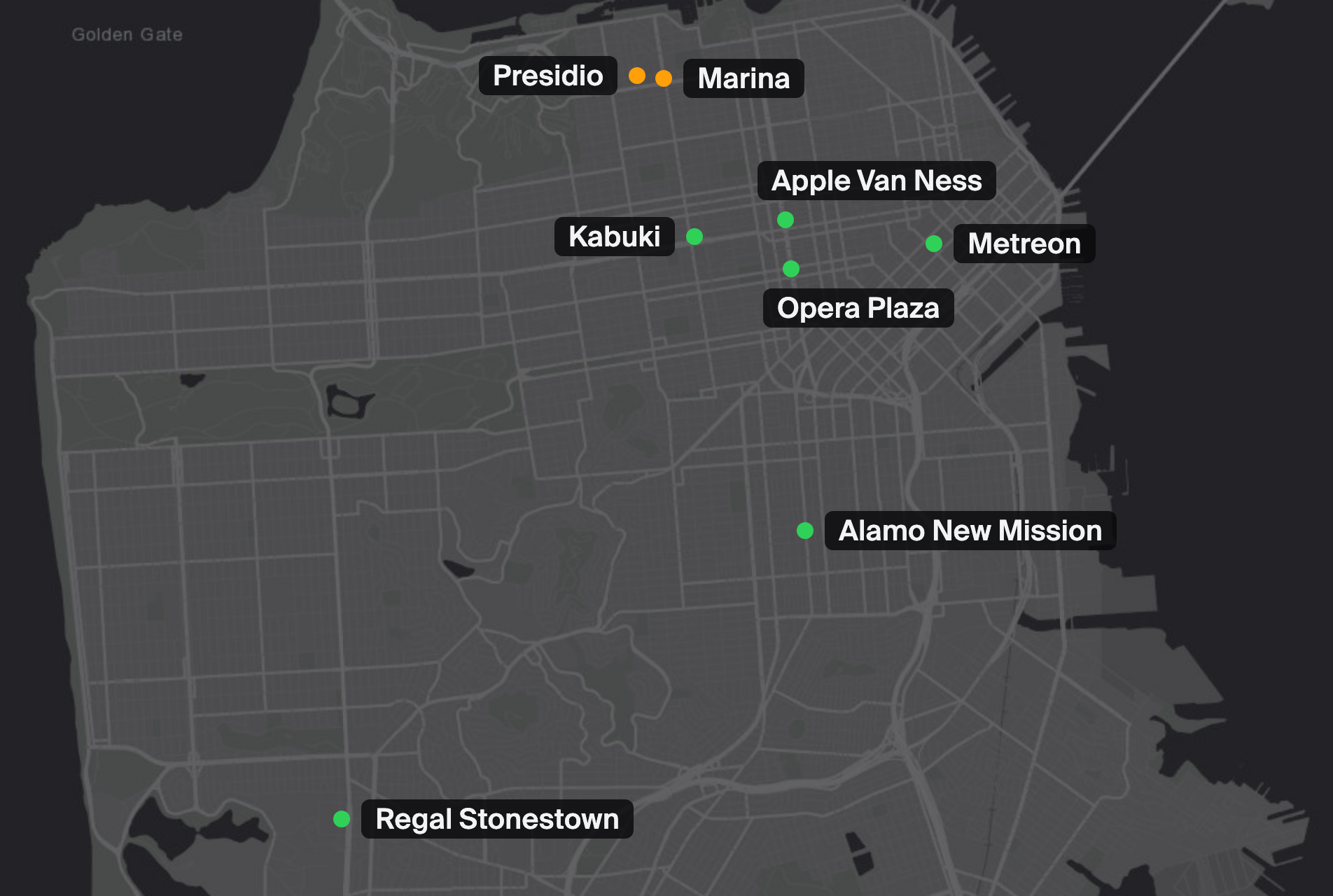 Map of San Francisco showing Landmark Opera Plaza, Apple Cinemas Van Ness, Regal Stonestown Galleria, AMC Kabuki 8, AMC Metreon 16, Presidio Theatre, Marina Theatre, Alamo Drafthouse New Mission, Balboa Theatre